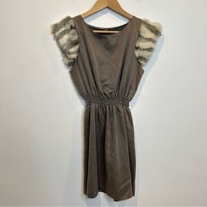 Minkie A-line Mini Dress Cinched Waist Faux Fur Cap Sleeves Brown